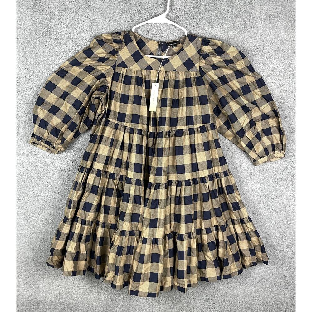 Summersalt Women's XS The Tiered Mini Dress Buffalo Check in Midnight & Toffee